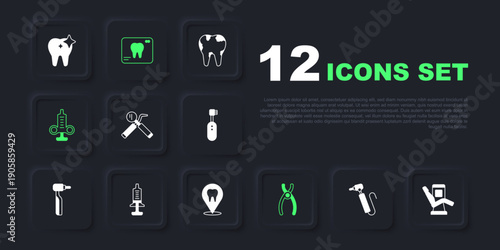 Set Tooth drill, Medical dental chair, Dental mirror and probe, pliers, Syringe, X-ray of tooth and clinic location icon. Vector