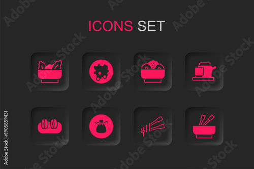 Set Wonton, Rice in a bowl, Food chopsticks with noodles, Traditional tea ceremony, Asian, Chow mein plate and Sushi icon. Vector