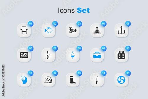 Set Fishing rod, Hand ice drill, Fisherman, Outboard boat motor, jacket, Camping folding chair and float icon. Vector