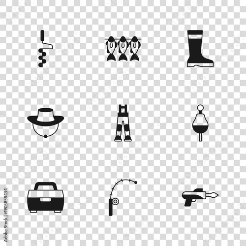 Set Fishing rod, float, harpoon, Fisherman pants, boots, Hand ice drill, Dried fish and hat icon. Vector