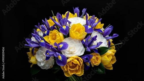 A beautiful bouquet of yellow, white, and purple flowers