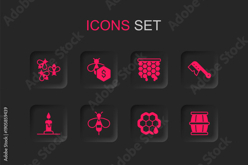 Set Bee, Sale of bees, Bees, Honeycomb, Beekeeping brush, Wooden barrel with honey, and Burning candle icon. Vector