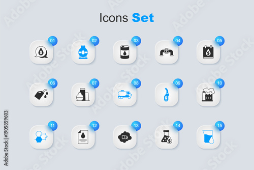 Set Oil petrol test tube, tank storage, Molecule oil, and gas industrial factory, drop with dollar symbol and Tanker truck icon. Vector