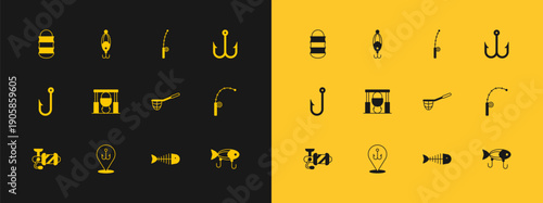 Set Fishing hook, net, skeleton, Campfire and pot, rod, and lure icon. Vector