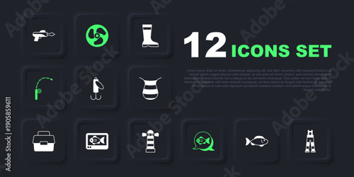 Set Fish, Fisherman pants, Fishing lure, rod, finder echo sounder, Outboard boat motor and Lighthouse icon. Vector