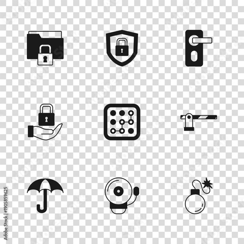 Set Ringing alarm bell, Parking car barrier, Bomb, Graphic password protection, Fingerprint door lock, Folder and, Shield security with and Lock icon. Vector
