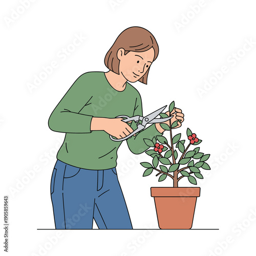 Woman carefully pruning a small flowering plant in a terracotta pot