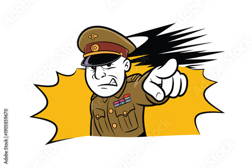 Military officer cartoon illustration pointing aggressively with angry expression