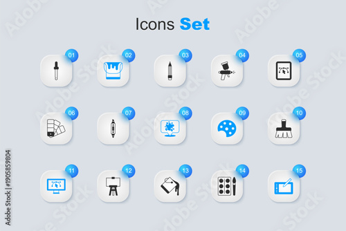 Set Watercolor paints in box, Marker pen, Paint bucket, Computer with design program, Graphic tablet, brush, Eyedropper picker palette and spray icon. Vector