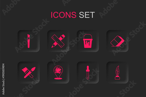 Set Paint spray, Crossed ruler and pencil, brush, Eyedropper color picker palette, Eraser rubber, Feather inkwell, bucket and icon. Vector