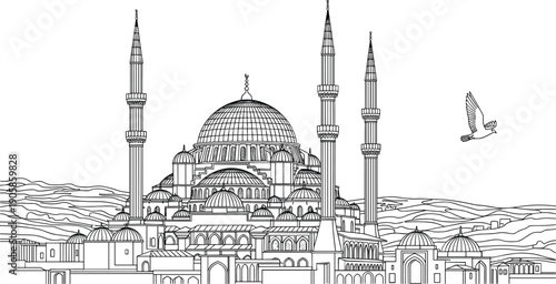 Black and white mosque with minarets and domes and a bird flying overhead