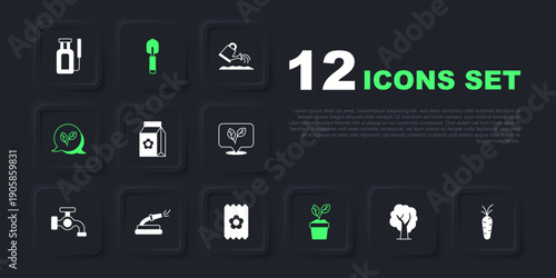 Set Tree, Carrot, Pack full of seeds, Plant in pot, Leaf, Garden hose, trowel spade or shovel and icon. Vector