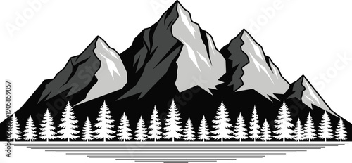 Black and white mountain range with pine trees mountains