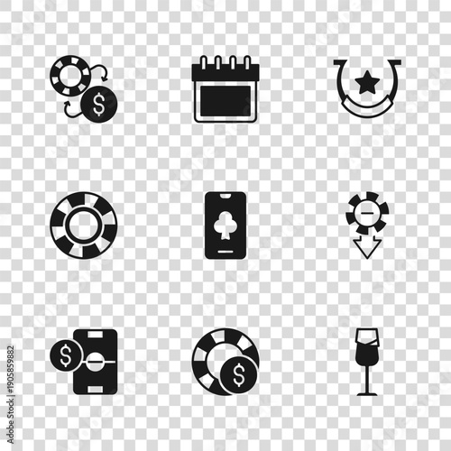 Set Casino chips, Wine glass, Online poker table game, Horseshoe, exchange, Calendar and icon. Vector