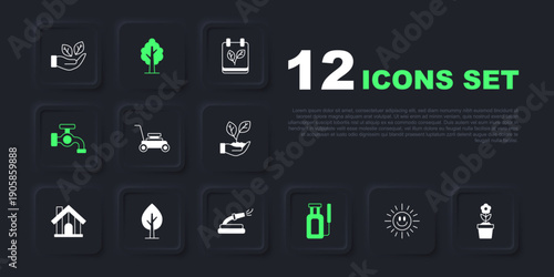 Set Sun, Flower in pot, Lawn mower, Garden sprayer for water, Water tap, Tree, and hose icon. Vector