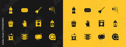 Set Toilet paper roll, Washing dishes, Washer, Bar of soap, Rubber gloves, Handle broom, Bottle for detergent and Sponge icon. Vector