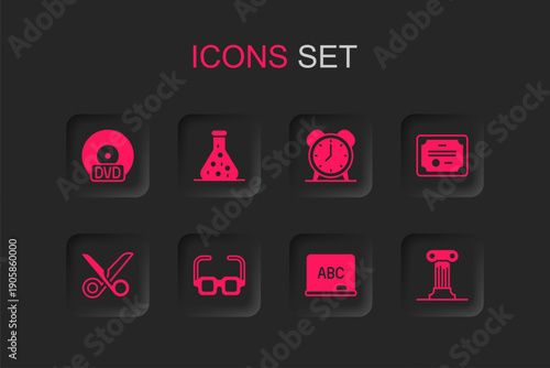 Set Glasses, Test tube, CD or DVD disk, Chalkboard, Certificate template, Law pillar, Alarm clock and Scissors icon. Vector