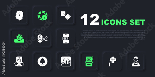 Set Casino slot machine with clover, dealer, chip dollar, Slot, Coin money, Playing card clubs symbol, chips and Financial growth increase icon. Vector