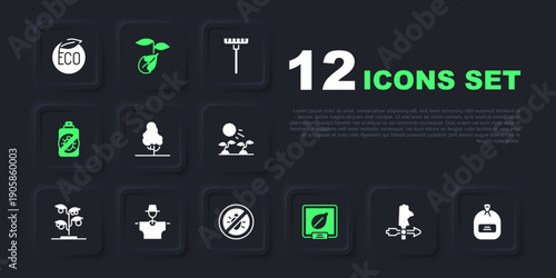 Set Rooster weather vane, Pack full of seeds, Fruit tree, Seeds specific plant, Spray against insects, Scarecrow, Sprout and Stop colorado beetle icon. Vector