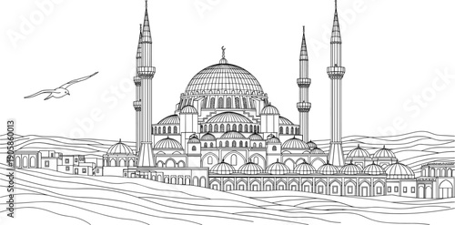 Black and white of a mosque with minarets and domes line architecture