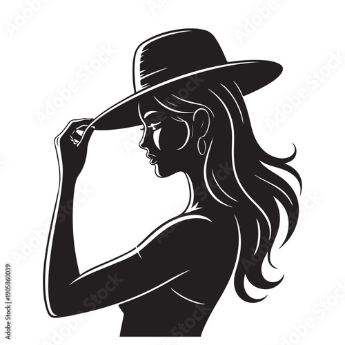 Elegant woman silhouette wearing wide brim hat vector illustration with long flowing hair for fashion boutique branding and luxury beauty salon logo designs on transparent background element