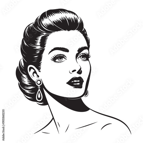 Vector illustration vintage pop art style portrait of beautiful glamorous woman with stylish updo hairstyle and dramatic makeup