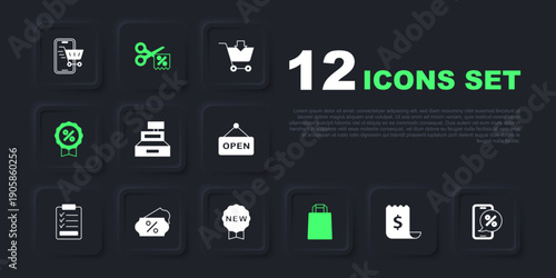 Set Paper check and financial check, Percent discount on phone, Cash register machine, shopping bag, Discount percent tag, Scissors cuts coupon and Price with New icon. Vector