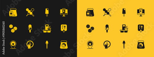 Set Online ordering food, Round the clock delivery, Coffee cup to go, Spoon, Ice cream, and Meatballs wooden stick icon. Vector