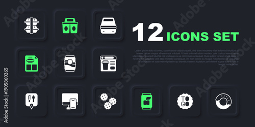 Set Coffee cup to go, Donut, Soda can, Restaurant cafe menu, Online ordering food, and Cookie biscuit icon. Vector
