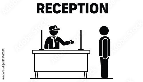 Reception desk with a person and a receptionist icon graphic Art and Illustration.