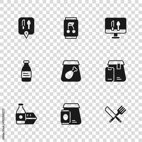 Set Online ordering food, Crossed knife and fork, meal, Cafe restaurant location, Soda can and Bottle of water icon. Vector