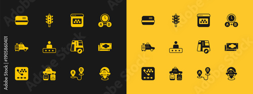 Set Taxi waiting time, service rating, Location taxi car, Route location, mobile app, Credit card and Traffic light icon. Vector