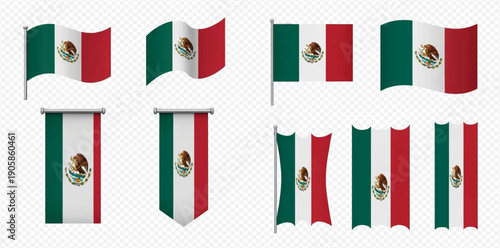 Collection of Mexican flags in various styles and shapes, including waving and hanging banners, symbolizing national pride and identity.