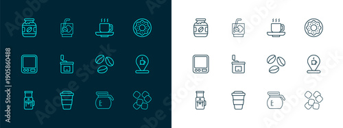 Set line Donut, Coffee cup to go, beans, pot, Manual coffee grinder, jar bottle and Espresso tonic icon. Vector
