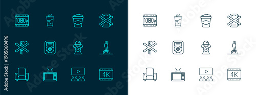 Set line No cell phone, Retro tv, Science fiction, Cinema auditorium with screen, CD disk award frame, Popcorn cardboard box, Full HD 1080p and Paper glass water icon. Vector