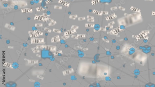 Financial network moving after camera shift and physics, bills drifting, nodes pulsing to show flow