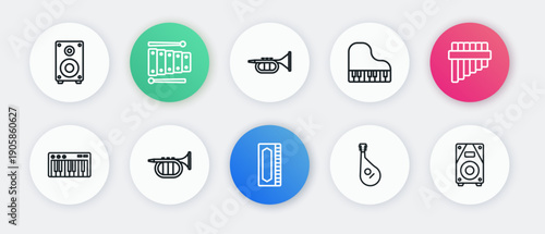 Set line Harmonica, Pan flute, Music synthesizer, Bandura, Grand piano, Trumpet, Stereo speaker and icon. Vector