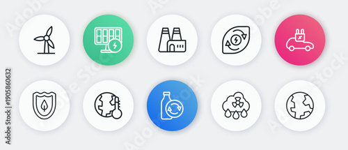 Set line Recycling plastic bottle, Electric car, Shield with leaf, Acid rain radioactive cloud, Water energy, Factory production, Earth globe and melting global warming icon. Vector
