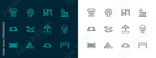 Set line Swing for kids, Slide playground, Sandbox with sand, Monkey bar, Horse saddle swing, Playground climbing equipment, Attraction carousel and Ferris wheel icon. Vector