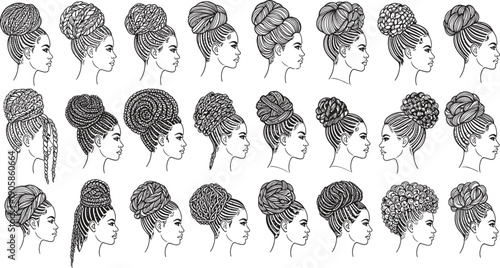 Black and white of twenty four different hairstyles on women with braids buns and updos women's hairstyles