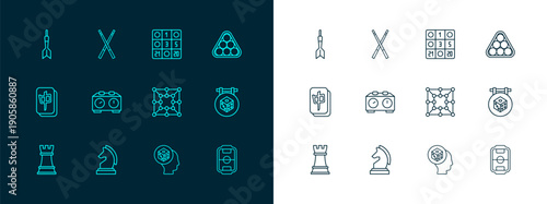 Set line Billiard balls in triangle, Chess, Board game, Game dice, Time chess clock, Bingo card, Dart arrow and Crossed billiard cues icon. Vector