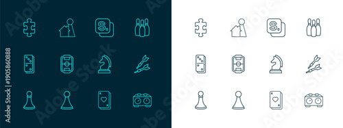 Set line Bowling pin, Chip for board game, Chess, Playing cards, Table football, Bingo, Puzzle pieces toy and icon. Vector