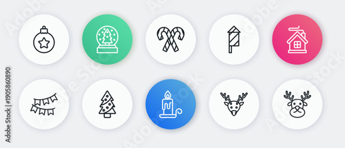 Set line Burning candle, Merry Christmas house, Carnival garland with flags, Reindeer, Firework rocket, Candy cane stripes, and tree icon. Vector