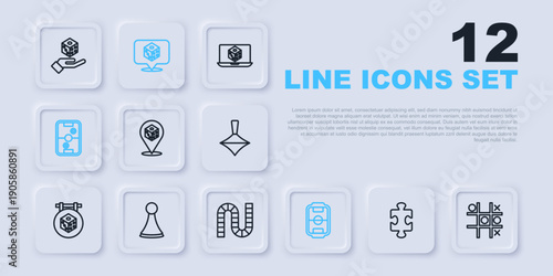 Set line Puzzle pieces toy, Tic tac toe game, Game dice, Table football, Air hockey table, Chip for board, and Board icon. Vector