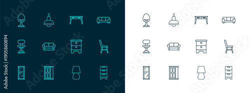 Set line Sofa, Wardrobe, Furniture nightstand, Table lamp, Office desk, Armchair and Lamp hanging icon. Vector