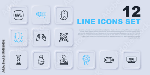 Set line Portable video game console, Computer monitor, Game controller joystick, rating with medal, mouse, Bottle magic elixir, Web camera and Joystick for arcade machine icon. Vector