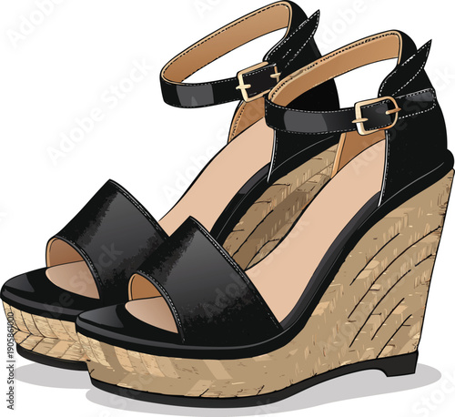A pair of black wedge sandals is the main subject, presented on a transparent background. The sandals are crafted with black leather straps and a tan, braided espadrille wedge heel. One sandal is slig