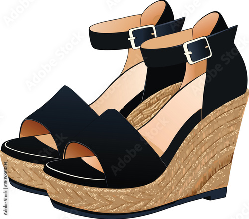 A pair of black wedge sandals is the main subject, presented on a transparent background. The sandals are crafted with black leather straps and a tan, braided espadrille wedge heel. One sandal is slig