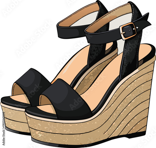 A pair of black wedge sandals is the main subject, presented on a transparent background. The sandals are crafted with black leather straps and a tan, braided espadrille wedge heel. One sandal is slig