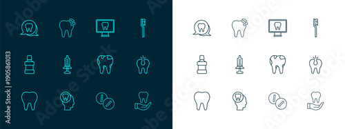 Set line Toothbrush, Toothache, Broken tooth, painkiller tablet, Syringe, Online dental care, and icon. Vector